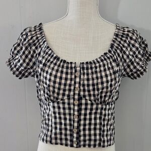 Gingham Puff Sleeve Crop Top - Black & White